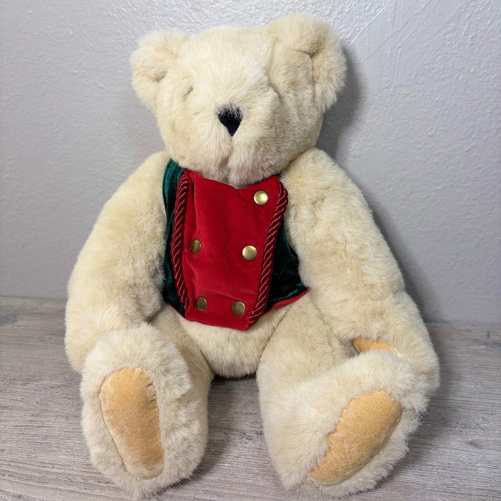 Vermont Teddy Bear Cream Plush Holiday Velvet Vest Gold Buttons Jointed 15 inch